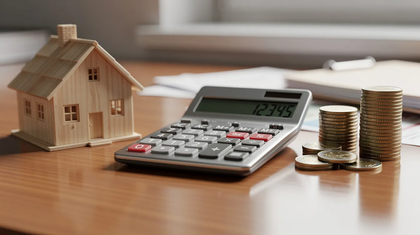Das Bild zeigt einen Taschenrechner, der neben einem kleinen Holzhausmodell und einem Stapel Münzen auf einem Schreibtisch platziert ist. Diese Anordnung könnte auf die Themen Immobilienfinanzierung und Hypothek aufnehmen hinweisen, die für zukünftige Eigenheimbesitzer von Bedeutung sind.