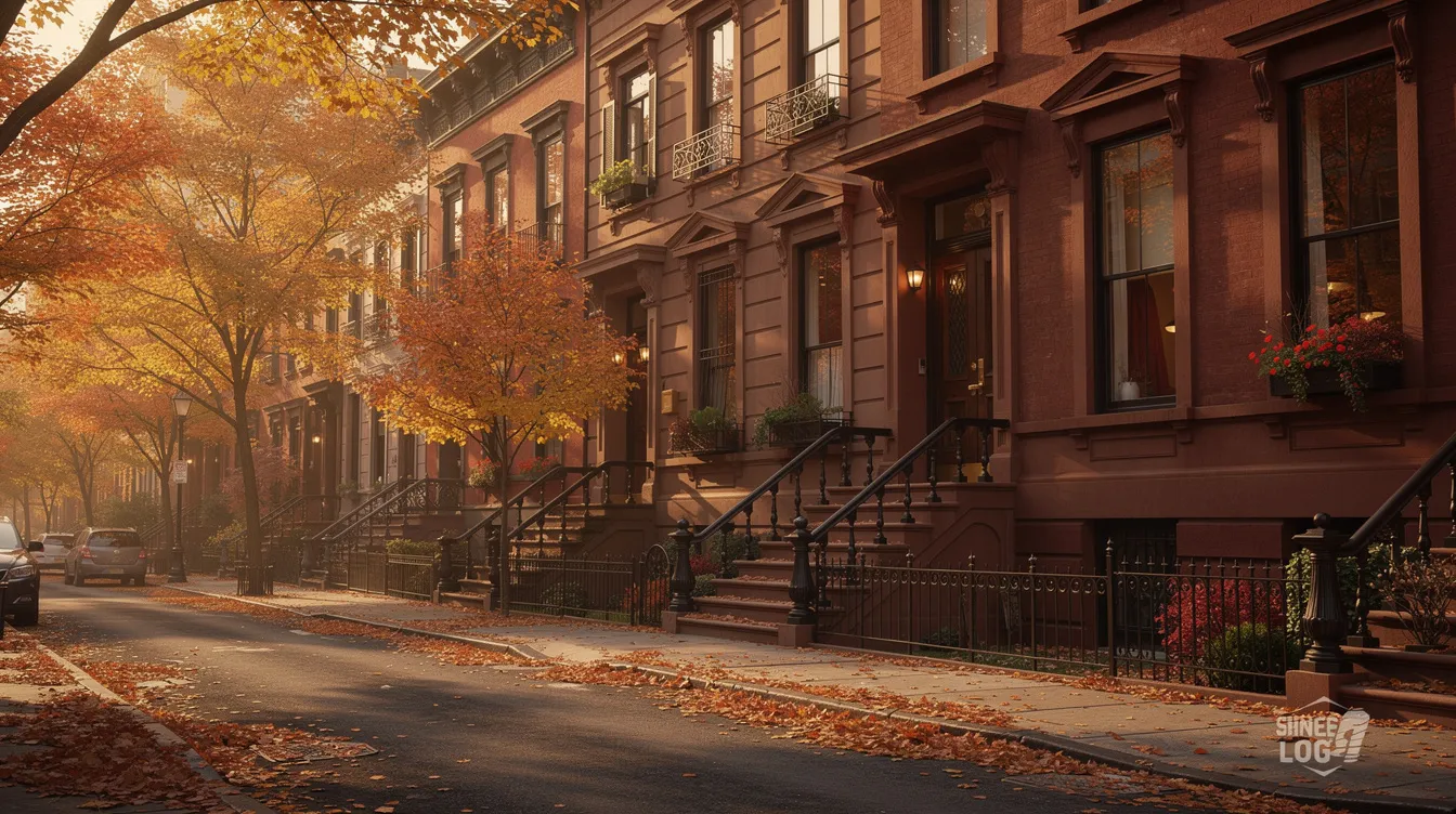 Ein warm beleuchtetes Brownstone-Gebäude in einer herbstlichen New Yorker Straße, umgeben von bunten Laubblättern, vermittelt eine gemütliche Atmosphäre. Diese Szene könnte leicht als Kulisse für eine Episode von "Only Murders in the Building" dienen, in der die Schauspielerin Selena Gomez eine Hauptrolle spielt.