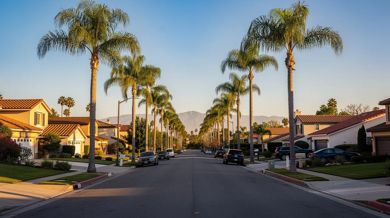 Das Bild zeigt eine sonnige Vorstadtstraße in Südkalifornien, gesäumt von hohen Palmen und typischen Einfamilienhäusern. Diese friedliche Nachbarschaft strahlt eine entspannte Lebensweise aus, die oft mit dem Lebensstil von Meghan, der Herzogin von Sussex, assoziiert wird.