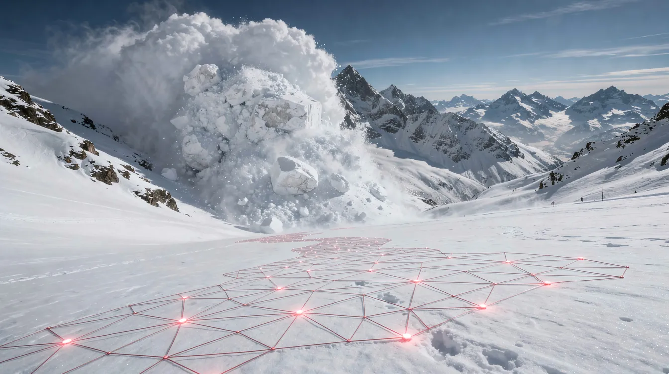 Das Bild zeigt eine verschneite Berglandschaft, in der eine Lawine herabstürzt, was symbolisch für die Avalanche-Blockchain steht. Diese Landschaft repräsentiert die Geschwindigkeit und Skalierbarkeit der Avalanche-Plattform, die als Layer 1 Blockchain für Kryptowährungen wie AVAX dient.