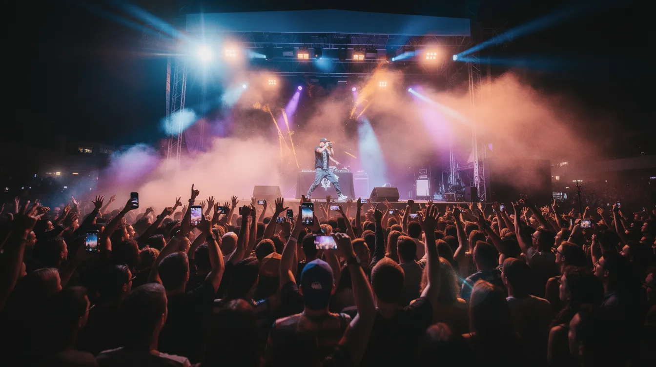Ein großes Publikum genießt ein aufregendes Hip-Hop-Konzert, während dramatische Bühnenbeleuchtung und dichter Nebel die Atmosphäre verstärken. Die Menschenmenge tanzt und feiert zur Musik, die von einem bekannten Künstler, möglicherweise Kanye West, präsentiert wird.