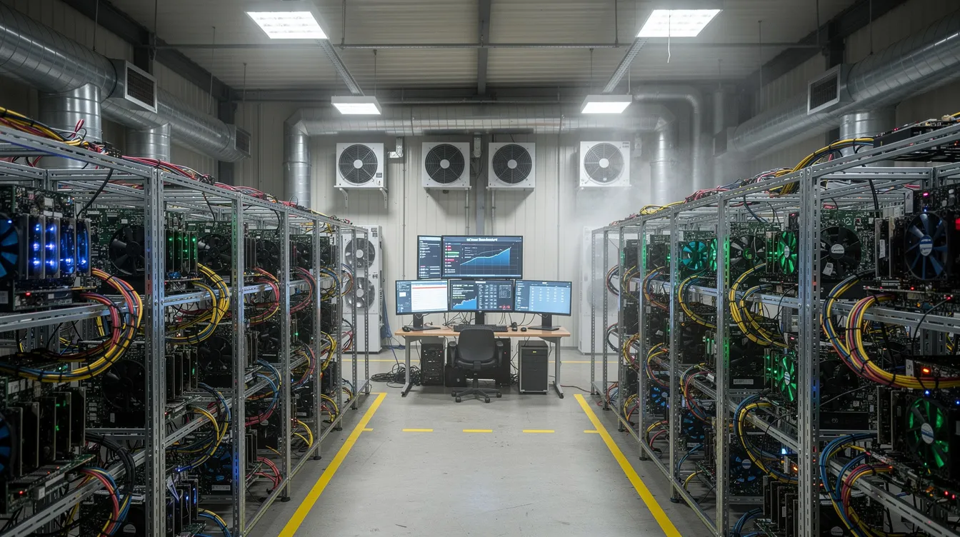 Das Bild zeigt eine große industrielle Halle, die mit Reihen von Computern und Kühlsystemen ausgestattet ist, und stellt eine professionelle Mining-Farm dar, die für das Mining von Kryptowährungen wie Bitcoin genutzt wird. In dieser Umgebung werden Bitcoin-Transaktionen validiert und die Blockchain-Technologie unterstützt, um das Peer-to-Peer-Netzwerk zu sichern.
