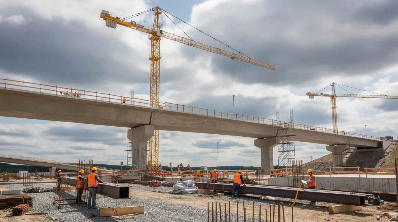Die moderne Autobahnbrücke im Bau ist von Kränen und Bauarbeitern umgeben, während der wolkige Himmel über der Szene schwebt. Diese Infrastrukturmaßnahme spiegelt die Investitionen der Bundesregierung in den Ausbau des Verkehrsnetzes wider, die im Rahmen des Haushaltsplans und der Finanzpolitik diskutiert werden.