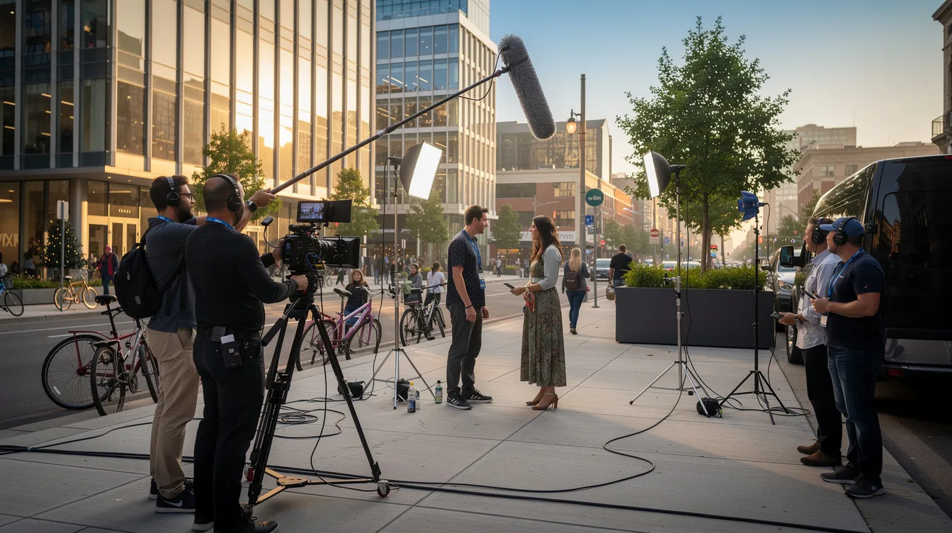 Das Bild zeigt ein urbanes Stadtviertel mit modernen Gebäuden, in dem eine Filmcrew draußen arbeitet. Im Hintergrund sind verschiedene Mitglieder des Teams zu sehen, die mit Kamera- und Lichtausrüstung beschäftigt sind, während die Atmosphäre lebhaft und geschäftig wirkt.