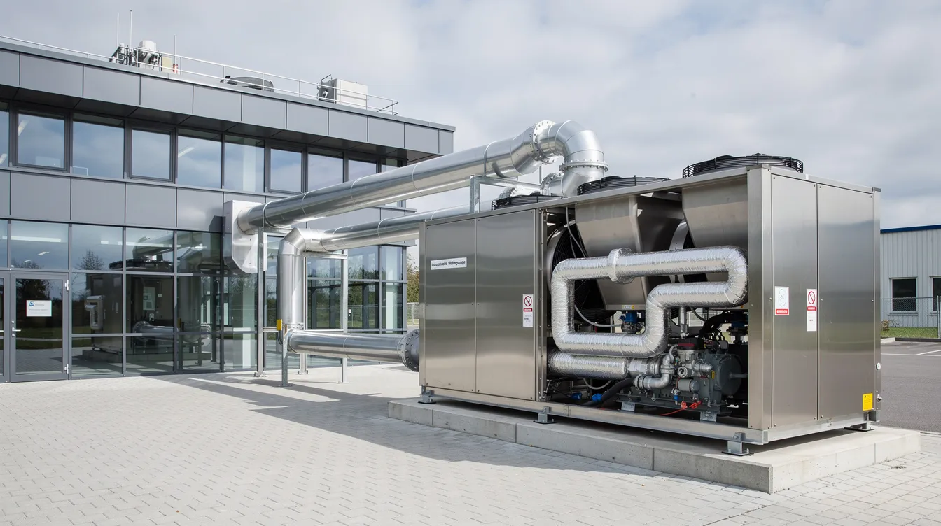 Eine industrielle Wärmepumpe steht neben einem modernen Gewerbegebäude und dient als effizientes Heizsystem. Diese Technologie hilft Unternehmen, ihren Energieverbrauch zu senken und die Energiekosten in Zeiten steigender Energiepreise zu optimieren.