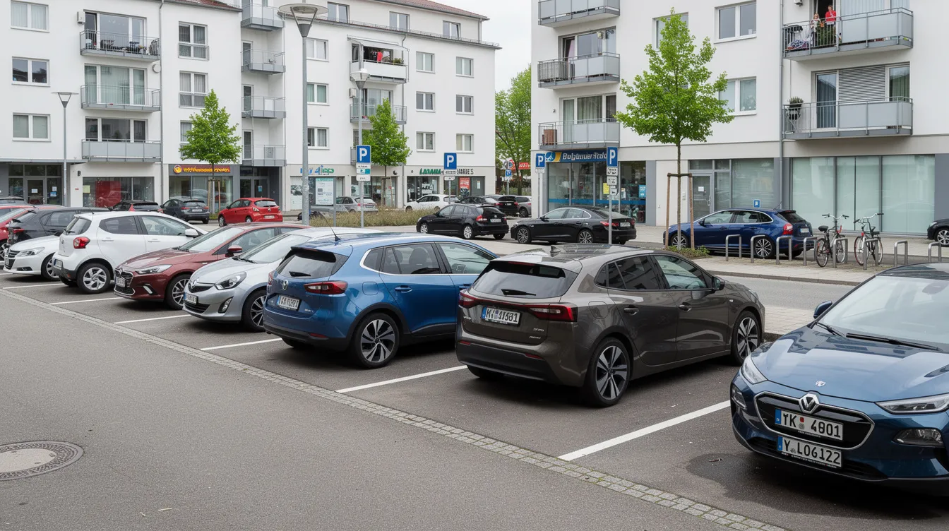 Auf dem Parkplatz einer deutschen Stadt sind verschiedene Autos geparkt, darunter Kleinwagen, Limousinen und SUVs. Die Szene zeigt Menschen, die ein- und aussteigen, während im Hintergrund die Straßen und Gebäude der Stadt sichtbar sind.