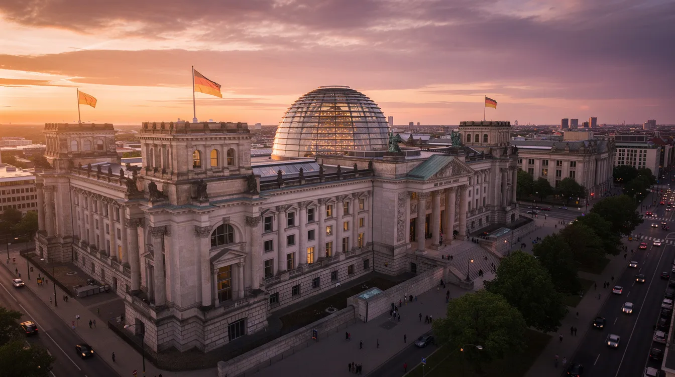 Eine Luftaufnahme des Reichstagsgebäudes in Berlin zeigt die beeindruckende Kuppel bei Sonnenuntergang, umgeben von der Stadtlandschaft. Der Blick auf dieses historische Gebäude symbolisiert die deutsche Regierung und ihre Finanzpolitik, während die untergehende Sonne eine warme Atmosphäre schafft.