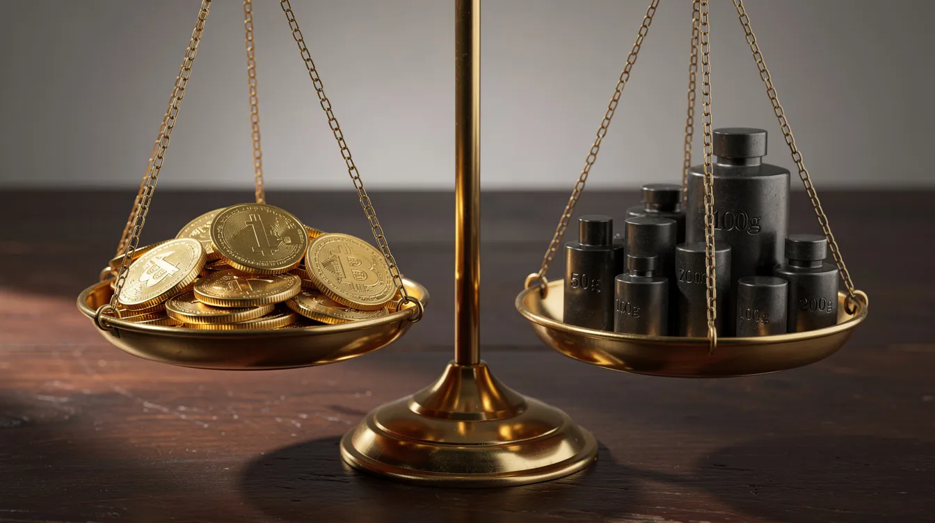 Die Abbildung zeigt eine Waage mit zwei Schalen: Auf der linken Seite befinden sich Goldmünzen, während die rechte Seite mit Gewichten beladen ist. Diese Darstellung symbolisiert den Ausgleich zwischen Wert und Risiko, ähnlich dem Prozess eines Börsengangs (IPO), bei dem Unternehmen ihre Aktien an der Börse anbieten.