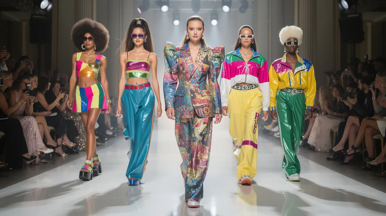 Auf dem Laufsteg präsentieren Models farbenfrohe Designeroutfits aus den 1990er Jahren, die mit dem ikonischen Medusa-Logo von Gianni Versace verziert sind. Die extravaganten Looks strahlen Eleganz und Selbstbewusstsein aus und zeigen die Trends der damaligen Zeit.