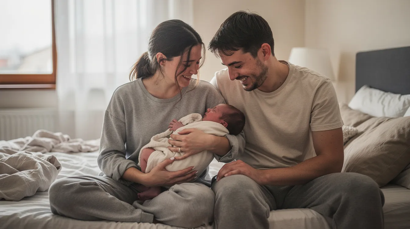 Junge Eltern sitzen erschöpft, aber lächelnd auf einem Bett und halten ihr Baby in den Armen. Die Szene strahlt Liebe und Harmonie aus, während sie die Freude und Herausforderungen der Elternschaft erleben.