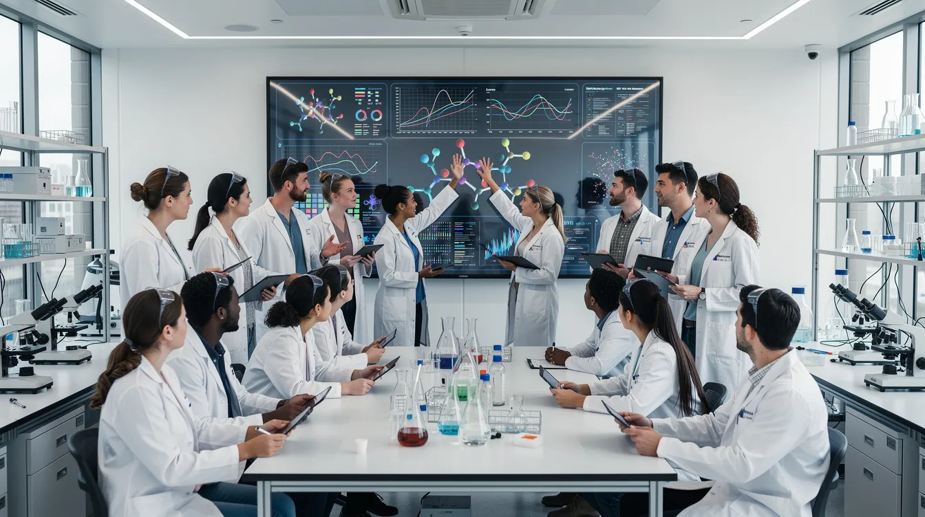 Eine Gruppe junger Wissenschaftlerinnen und Wissenschaftler diskutiert angeregt vor einem großen Bildschirm in einem modernen Forschungslabor, das sich mit Quantencomputing und den Herausforderungen der Quantenmechanik beschäftigt. Auf dem Bildschirm sind Diagramme und Daten zu sehen, die die neuesten Entwicklungen in der Quanteninformatik und den Einsatz von Quantenalgorithmen veranschaulichen.