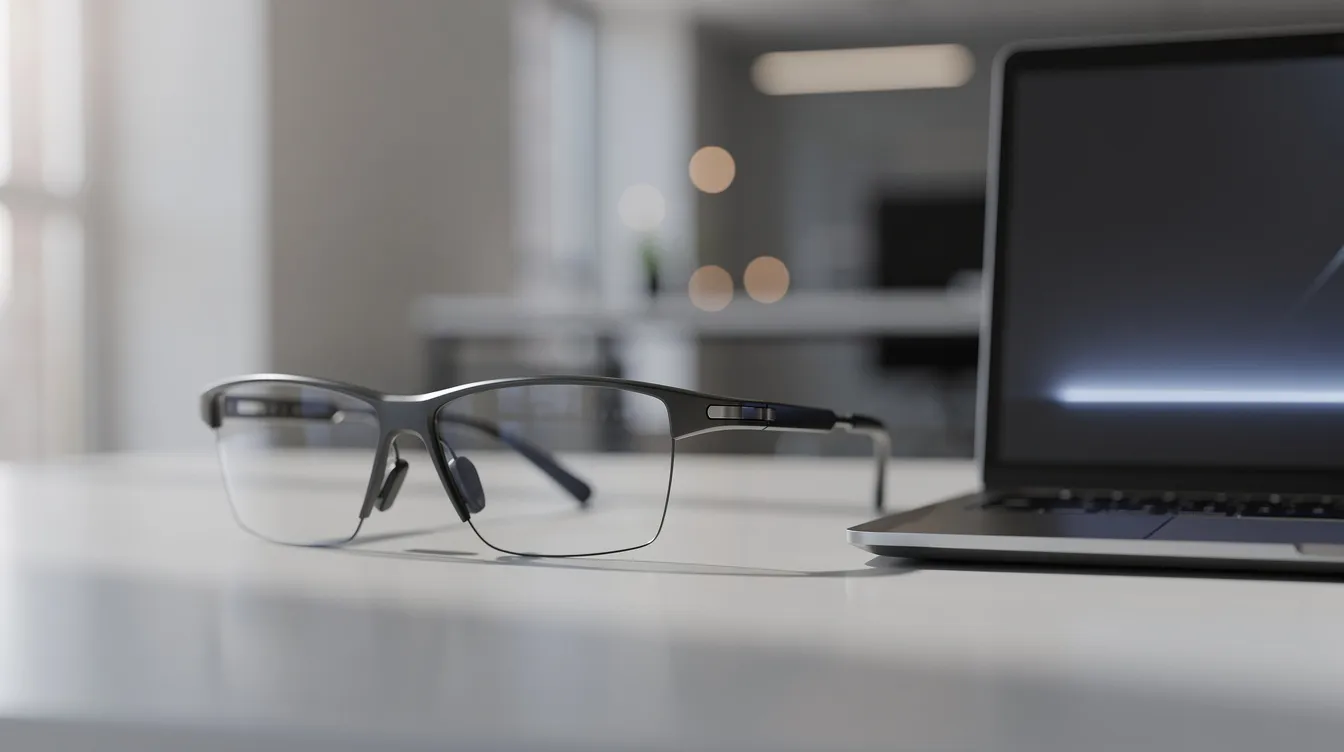 Auf einem modernen Schreibtisch liegt eine futuristische, schlanke VR-Brille im Brillenformat neben einem Laptop. Diese Brille repräsentiert die neueste Technologie der virtuellen Realität und bietet Nutzern die Möglichkeit, in immersive 3D-Umgebungen einzutauchen.