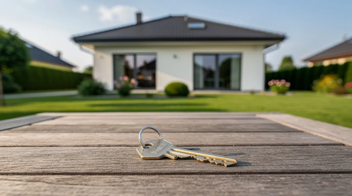 Das Bild zeigt ein Einfamilienhaus mit einem gepflegten Garten und einem Schlüssel, der auf einem Tisch davor liegt. Dieses Szenario symbolisiert den Traum vom Eigenheim und die wichtige Rolle der Immobilienfinanzierung, insbesondere im Zusammenhang mit Hypotheken und Krediten.
