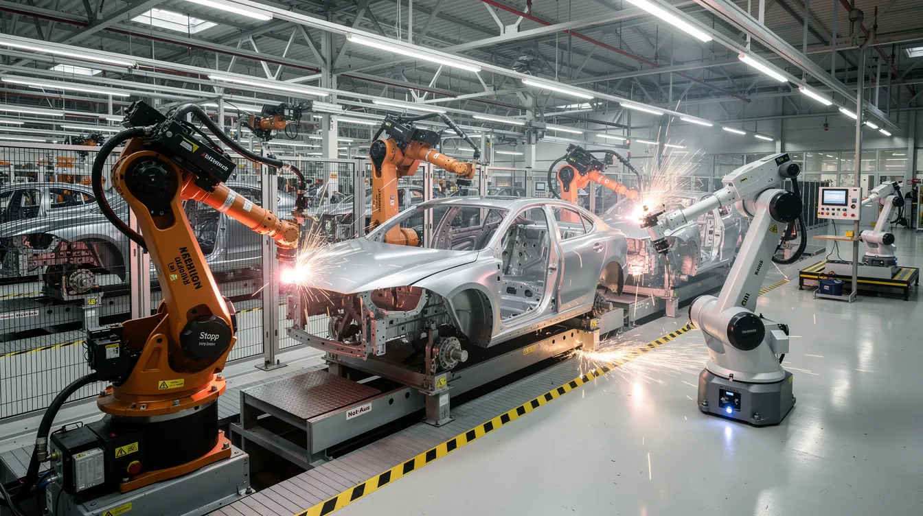 In einer Automobilfabrik arbeiten mehrere Roboter unterschiedlicher Bauart, darunter humanoide Roboter und Industrieroboter, nebeneinander an verschiedenen Aufgaben. Diese Robotersysteme demonstrieren die fortschrittliche Robotik und Automatisierung, die in der Industrie eingesetzt wird, um die Effizienz und Qualität der Produktion zu steigern.