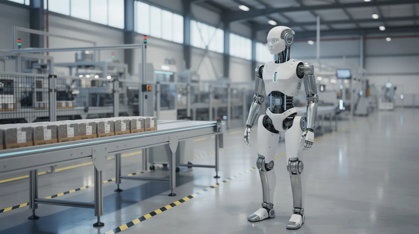 Ein humanoider Roboter steht in einer modernen Fabrikhalle neben einem Förderband, umgeben von industriellen Maschinen und Geräten. Die Szene zeigt den Einsatz von Robotik in der Automatisierung und der Industrie, während der Roboter bereit ist, verschiedene Aufgaben zu übernehmen.