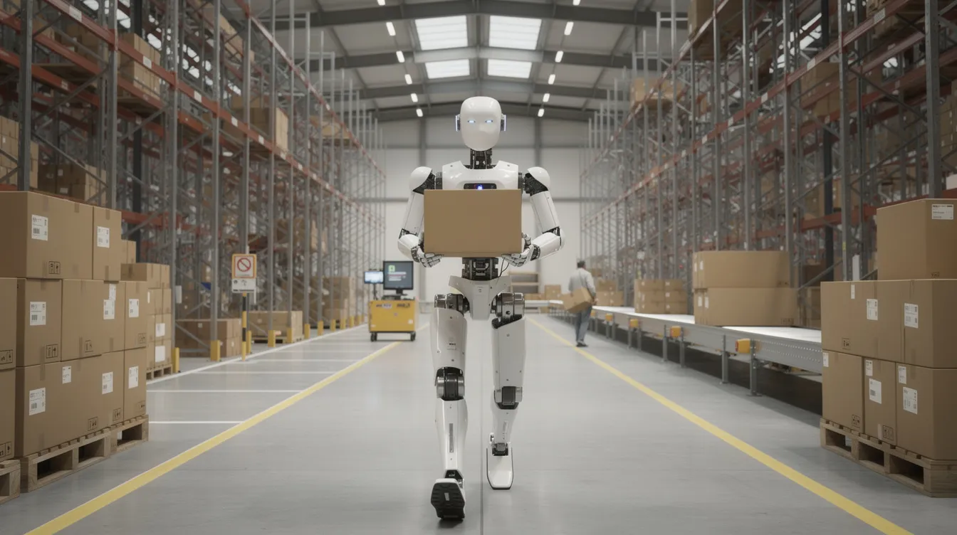 Ein humanoider Roboter trägt einen Karton durch ein Logistikzentrum, während er sich geschickt zwischen Regalen und anderen Robotern bewegt. Diese Szene verdeutlicht die Anwendung von Robotik in der Industrie und zeigt die Effizienz, die humanoide Roboter in der Logistik bieten können.