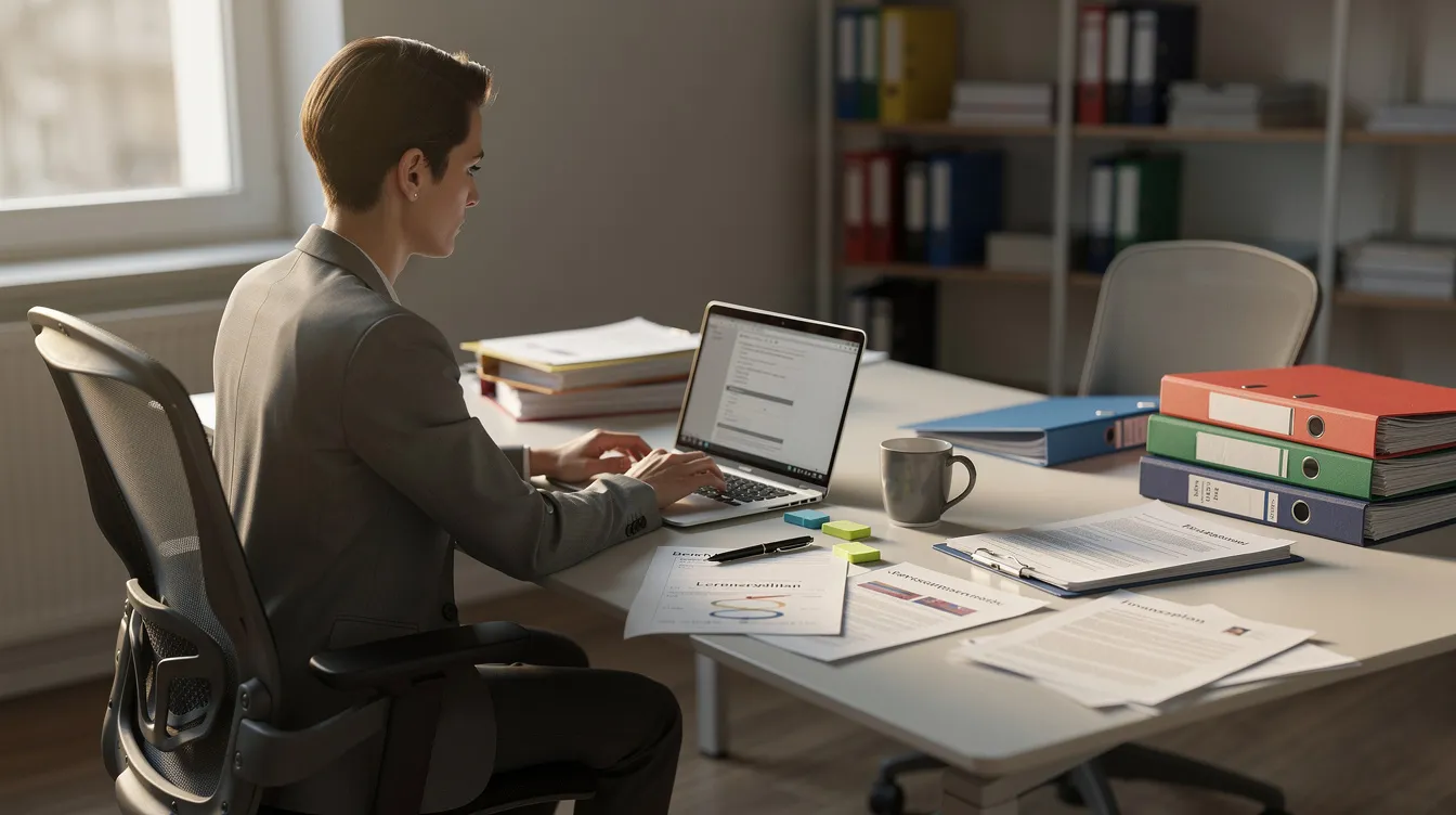 Eine Person sitzt an einem Schreibtisch und arbeitet mit einem Laptop, umgeben von Ordnern und Dokumenten, die sich mit Themen wie Einkommensteuer und Steuererklärung befassen. Der Schreibtisch vermittelt den Eindruck von Produktivität und Organisation im Zusammenhang mit dem Steuersystem in Deutschland.