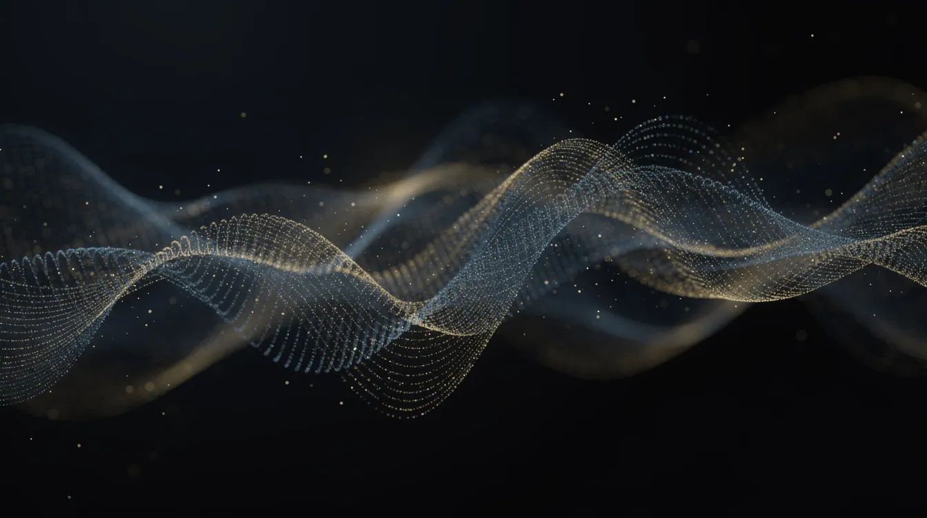 Die abstrakte Darstellung zeigt Lichtteilchen und Welleninterferenz in Blau und Gold auf einem dunklen Hintergrund, was die Komplexität und Schönheit der Quantenmechanik und der Quantencomputing-Technologien symbolisiert. Diese visuelle Komposition könnte die Herausforderungen und das Potenzial von Quantenalgorithmen und Quantenprozessoren veranschaulichen.